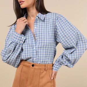NWT [Lulu's] Blue Plaid Long Sleeve Button-Up Top